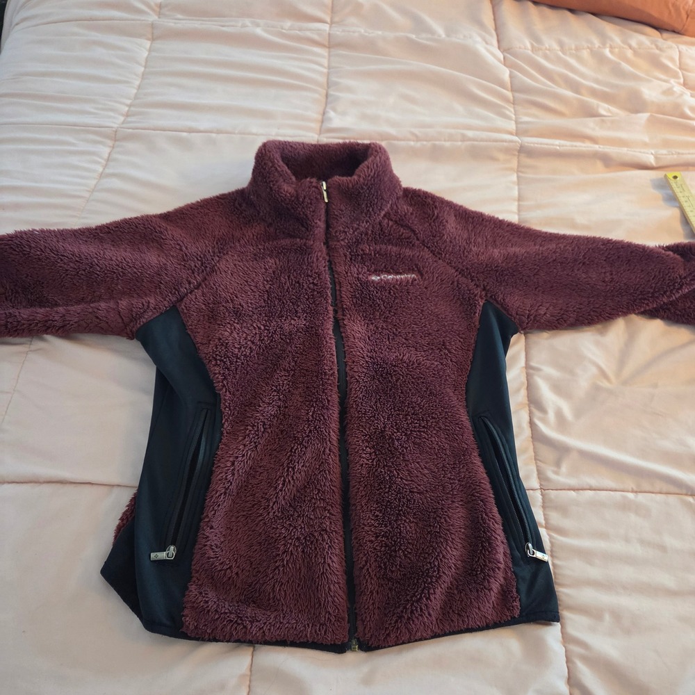 Columbia Womens XL Full Zip Fleece Jacket Burgundy Maroon Black Side Panels